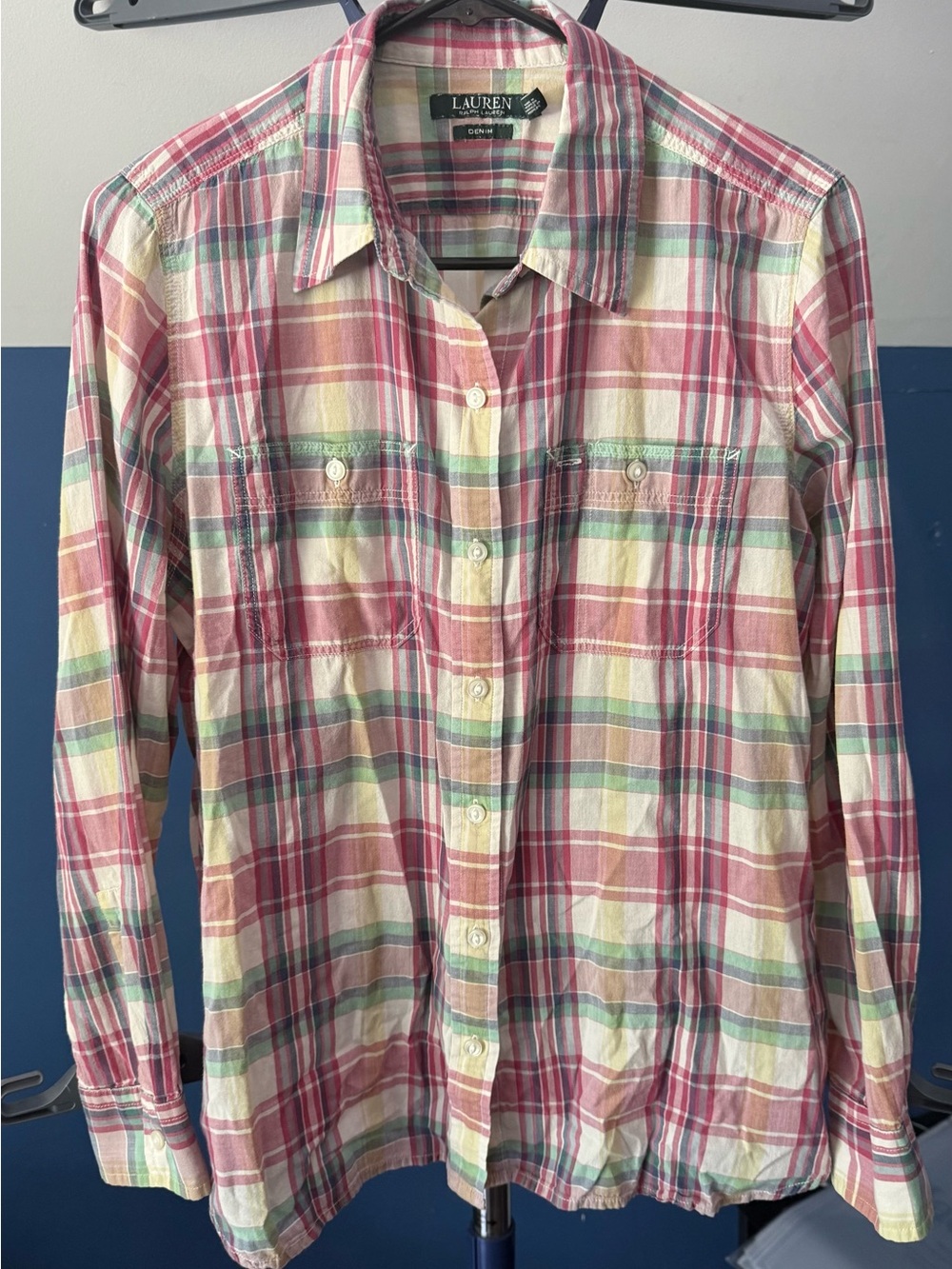 Lauren Ralph Lauren Denim Plaid Madras Button Down Shirt Women’s L